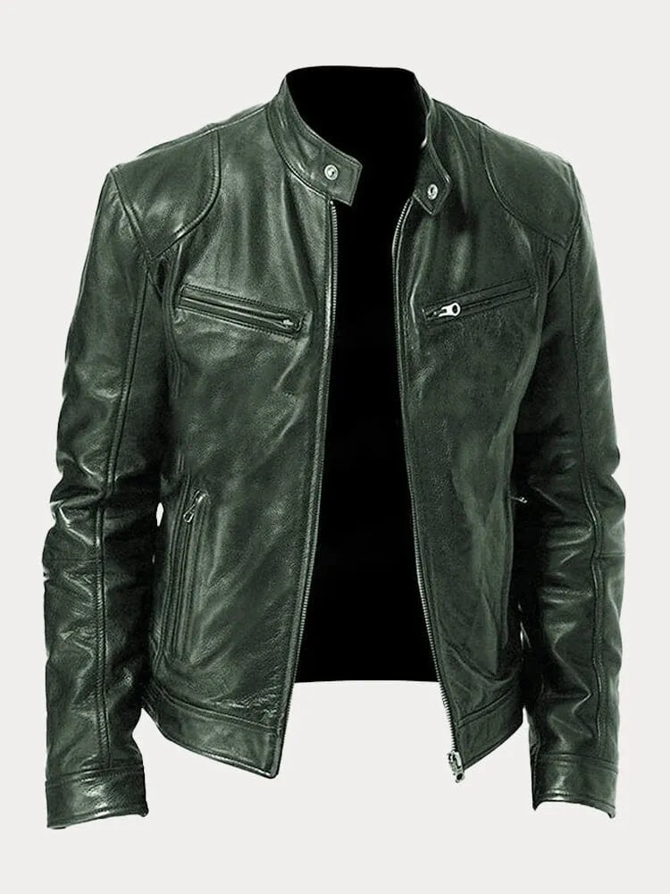 Blusão de Pele Elegante Moderno para Homem com Fecho Frontal