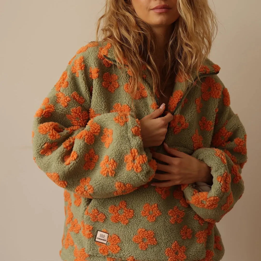 Blusão de Inverno Oversized Floral para Mulher com Fecho