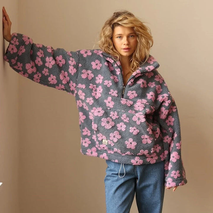 Blusão de Inverno Oversized Floral para Mulher com Fecho