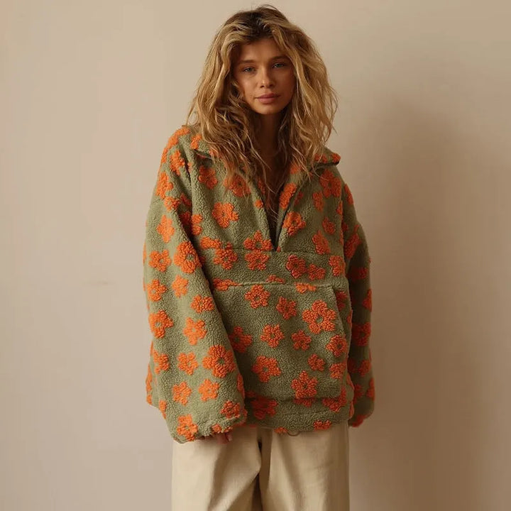 Blusão de Inverno Oversized Floral para Mulher com Fecho