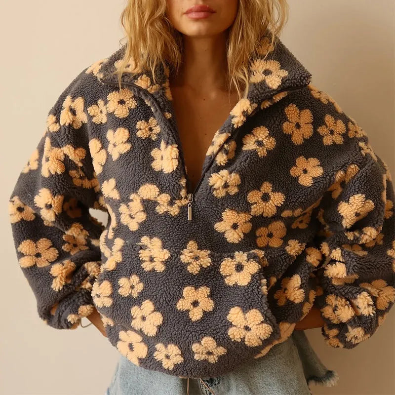 Blusão de Inverno Oversized Floral para Mulher com Fecho