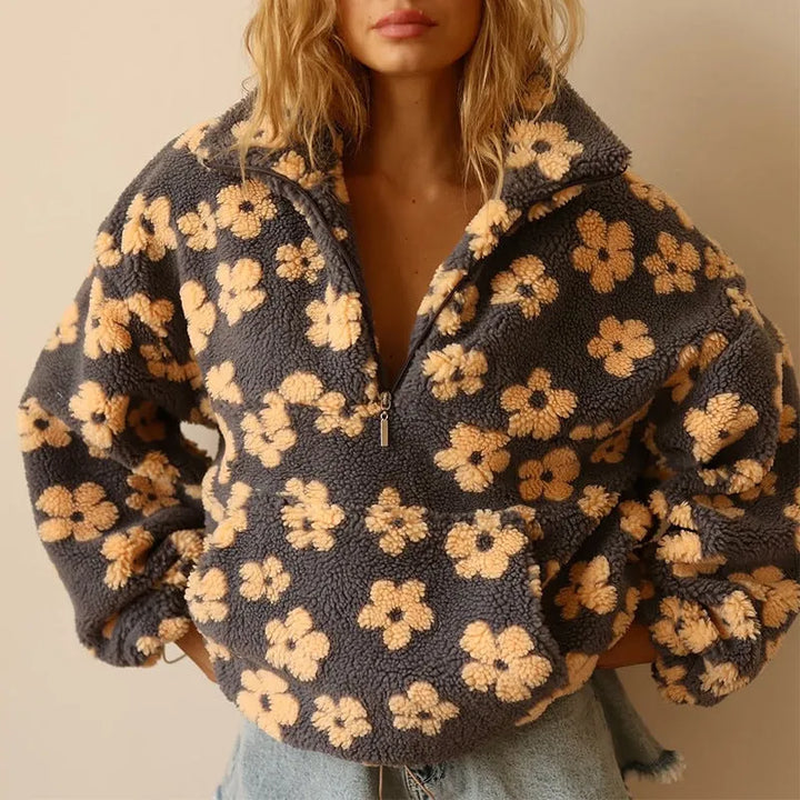 Blusão de Inverno Oversized Floral para Mulher com Fecho