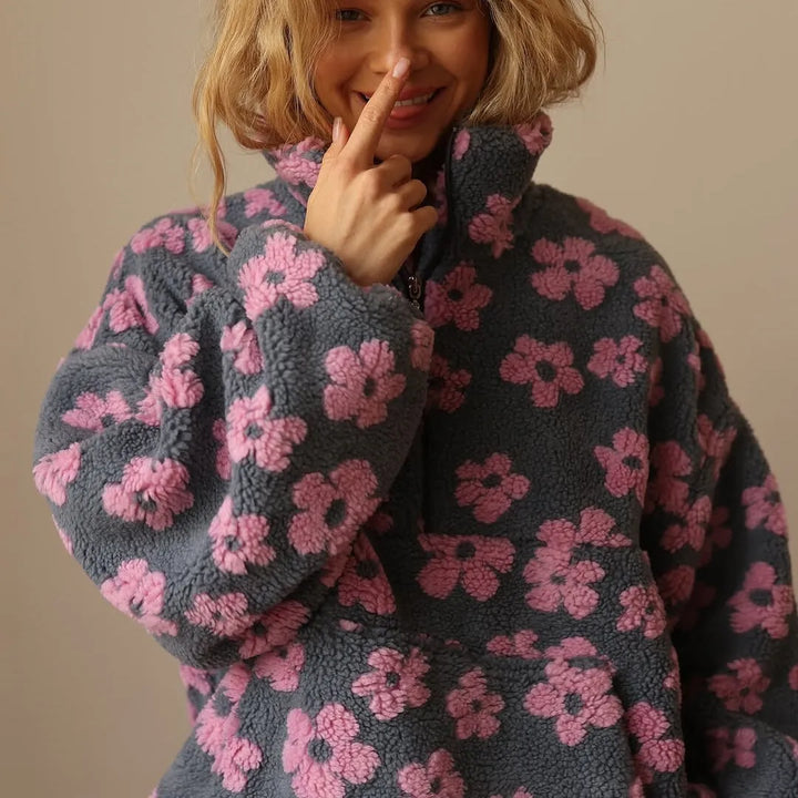 Blusão de Inverno Oversized Floral para Mulher com Fecho