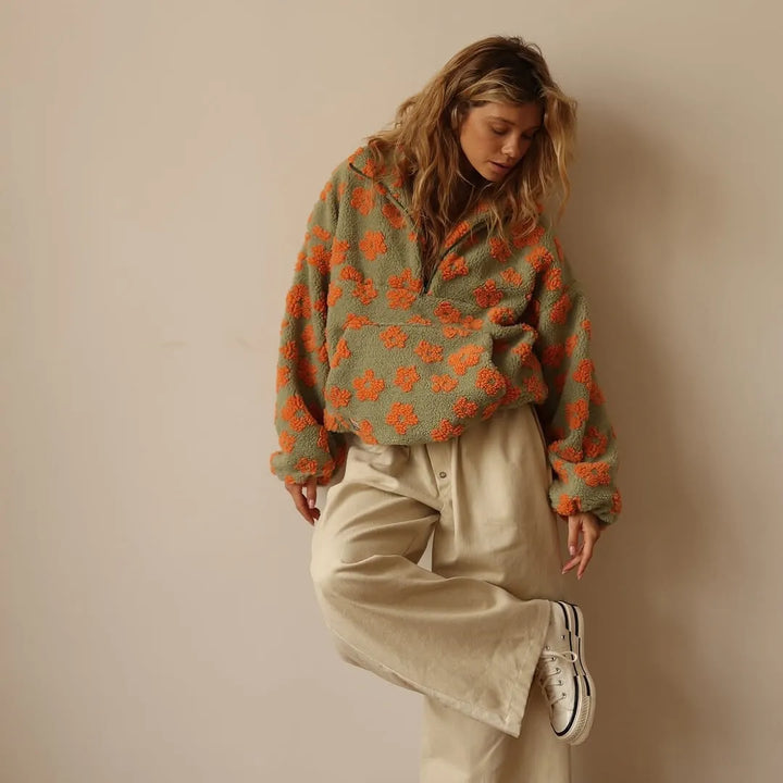 Blusão de Inverno Oversized Floral para Mulher com Fecho