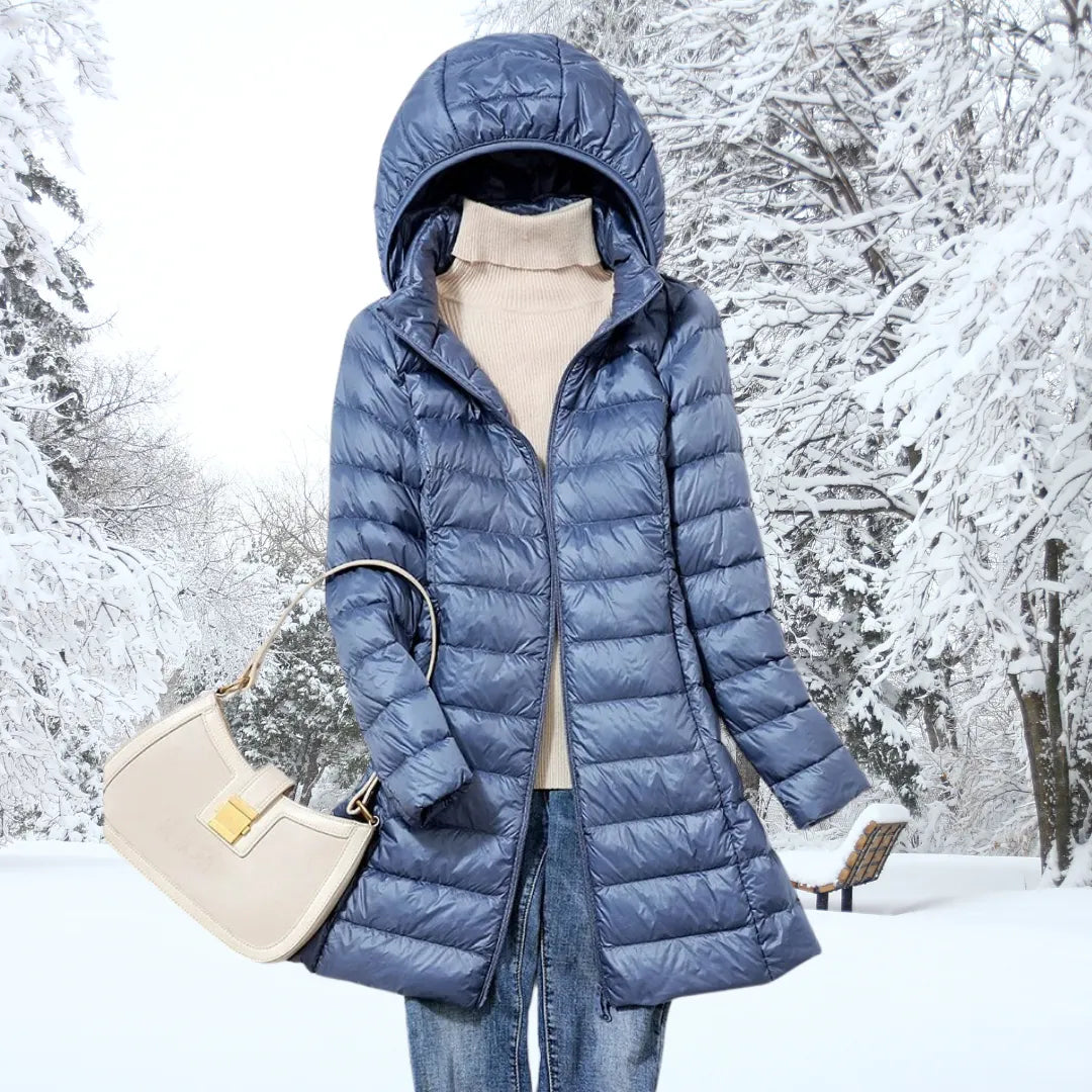 Casaco de Inverno Comprido Acolchoado para Mulher com Capuz