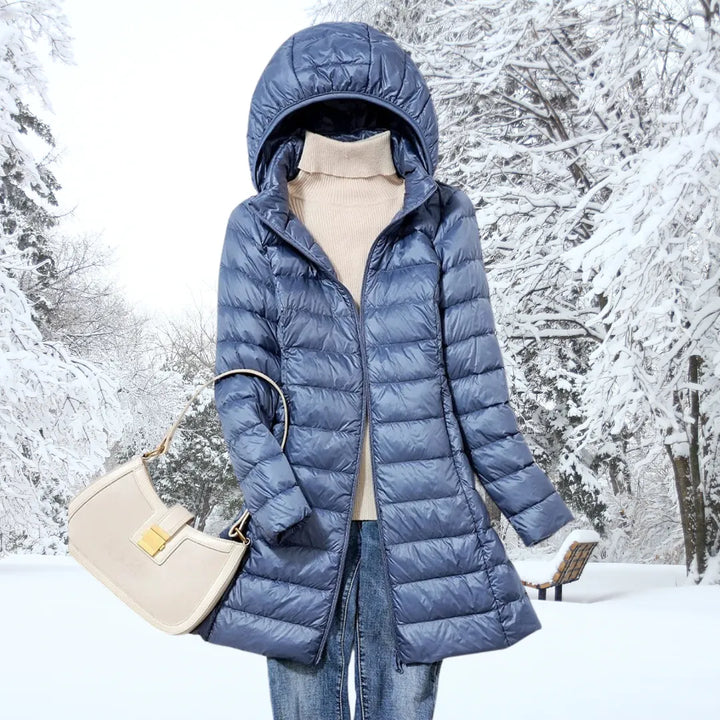 Casaco de Inverno Comprido Acolchoado para Mulher com Capuz