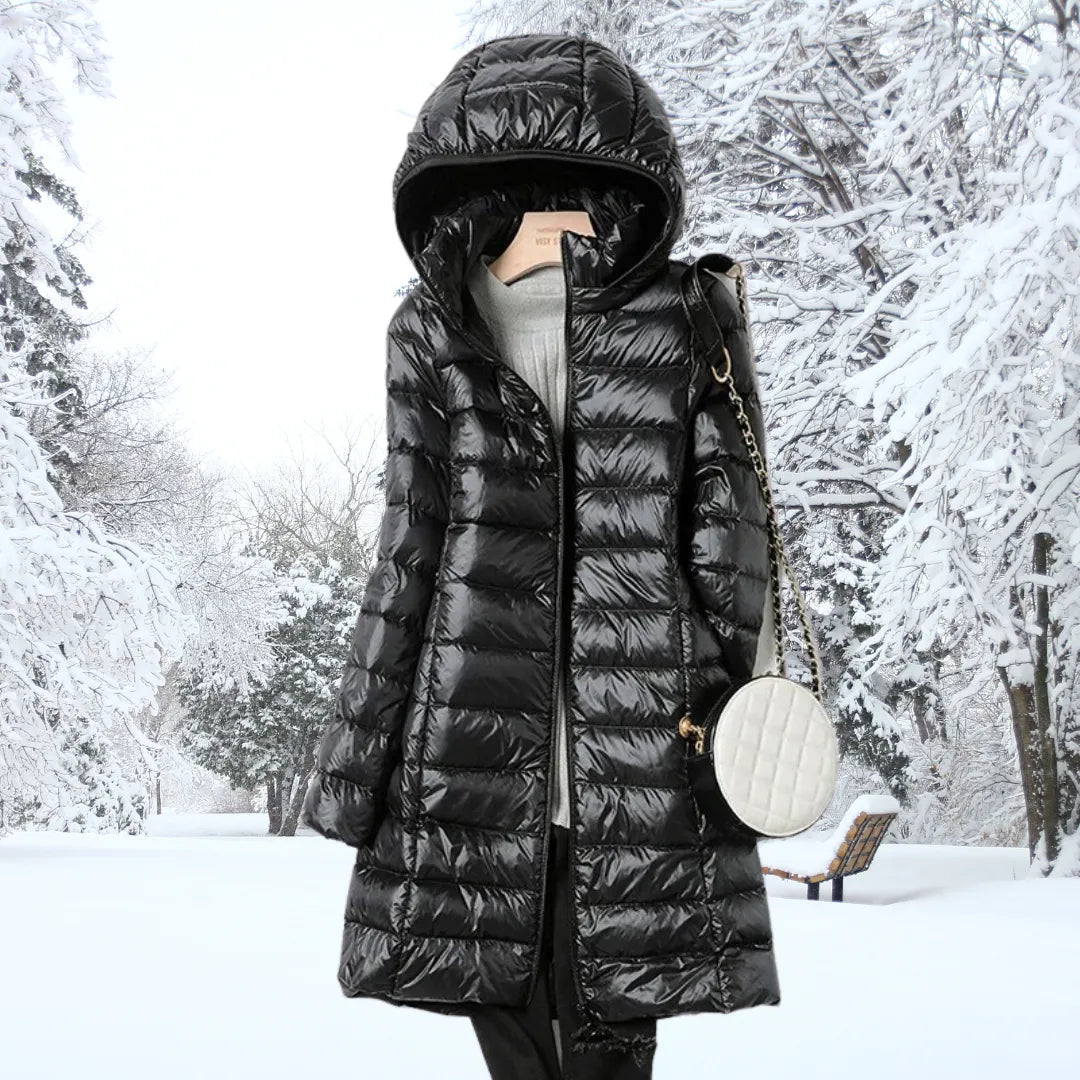 Casaco de Inverno Comprido Acolchoado para Mulher com Capuz