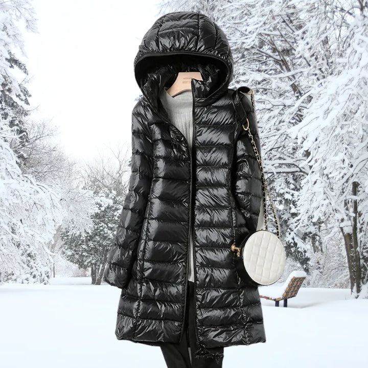 Casaco de Inverno Comprido Acolchoado para Mulher com Capuz
