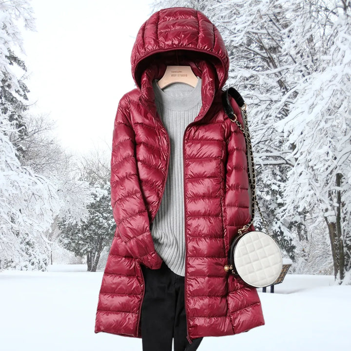Casaco de Inverno Comprido Acolchoado para Mulher com Capuz