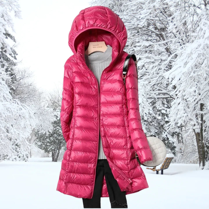 Casaco de Inverno Comprido Acolchoado para Mulher com Capuz