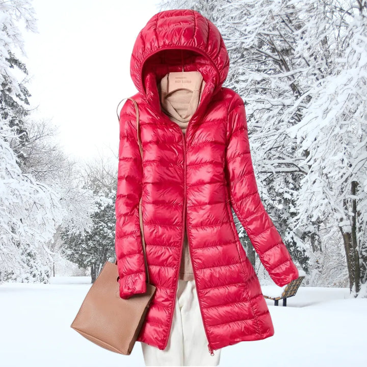 Casaco de Inverno Comprido Acolchoado para Mulher com Capuz