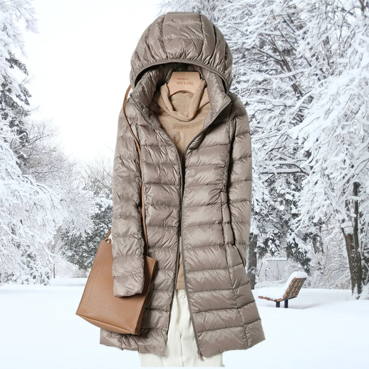 Casaco de Inverno Comprido Acolchoado para Mulher com Capuz
