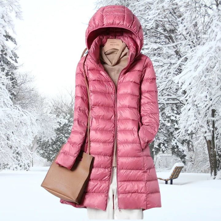 Casaco de Inverno Comprido Acolchoado para Mulher com Capuz